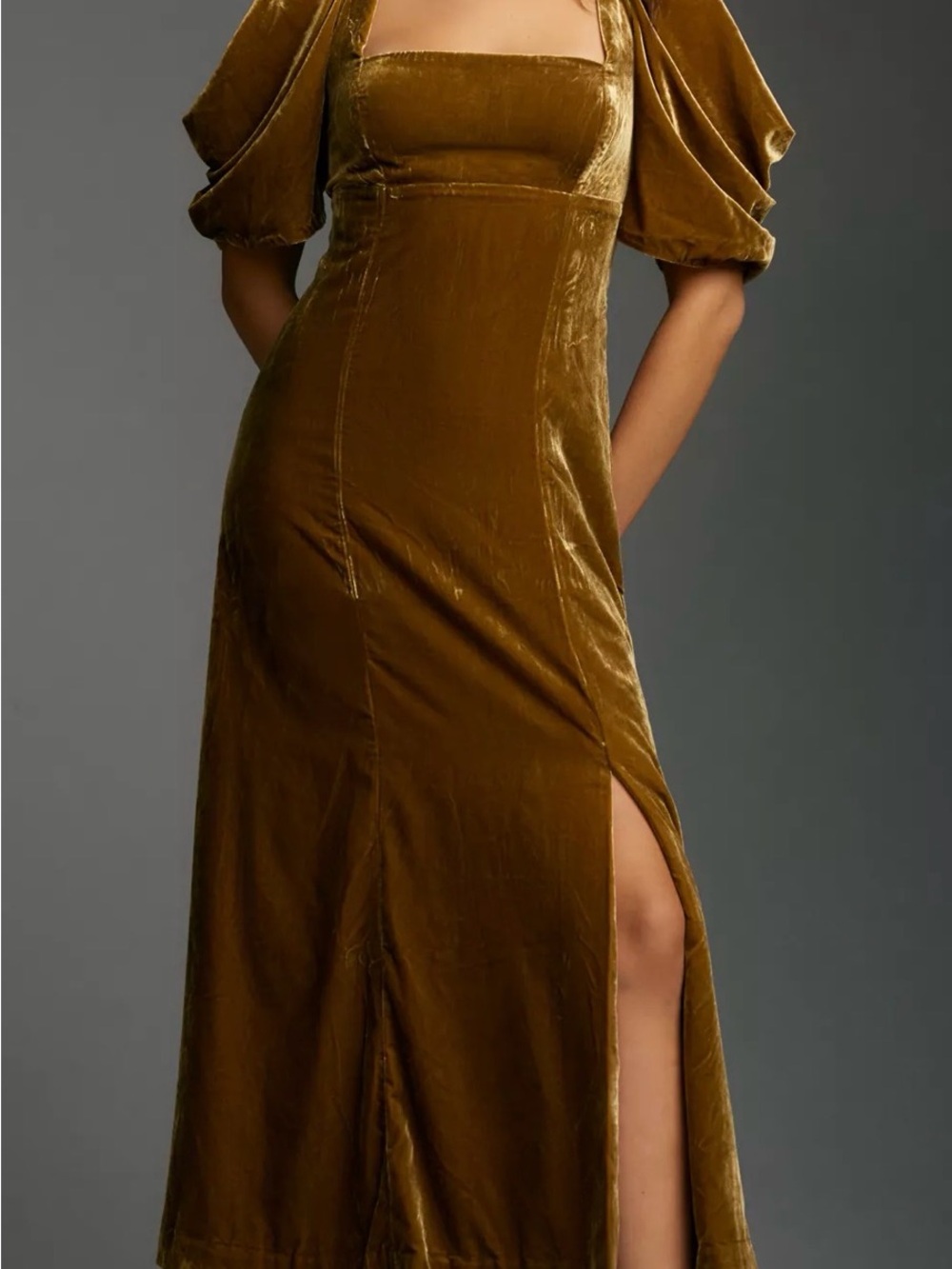 Anthropologie Gold Velvet Midi Dress Puff Sleeve Regencycore Bridgerton Small